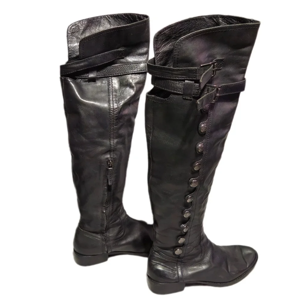 Sam Edelman Pierce Tall Boot Women 8M Black Leather Over The Knee Buckle Button